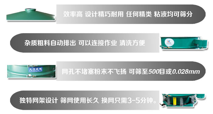 直徑1000mm振動(dòng)篩的特點(diǎn)：效率高，設(shè)計(jì)精巧耐用，任何精類，粘液均可篩分，雜質(zhì)粗料自動(dòng)排出，可以連接作業(yè)，清洗方便。網(wǎng)孔不堵塞粉末不飛揚(yáng)，可篩至500目或0。028mm篩網(wǎng)使用長(zhǎng)久，換網(wǎng)只需3-5分鐘。
