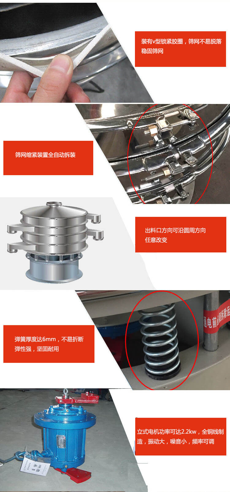 裝有V型鎖緊膠圈，使篩網(wǎng)不易脫落穩(wěn)固篩網(wǎng)，篩網(wǎng)鎖緊裝置，全自動(dòng)拆裝，出料口方向可沿圓周方向任意改變。彈簧厚度達(dá)6mm，不易折斷，彈性強(qiáng)，堅(jiān)固耐用。專業(yè)的振動(dòng)電機(jī)，全銅線制造，振動(dòng)大，機(jī)械噪音小，頻率可調(diào)。產(chǎn)品對(duì)比:材質(zhì)：大漢振動(dòng)篩廠家采用304不銹鋼材質(zhì)耐腐蝕性，耐熱性強(qiáng)。個(gè)別廠家采用其它金屬材質(zhì)，耐腐蝕性，耐熱性差蒸發(fā)緩慢，烘干效率較低。大漢振動(dòng)篩廠家采用金屬編織網(wǎng)，篩分精度高，效率高，篩網(wǎng)利用率高。