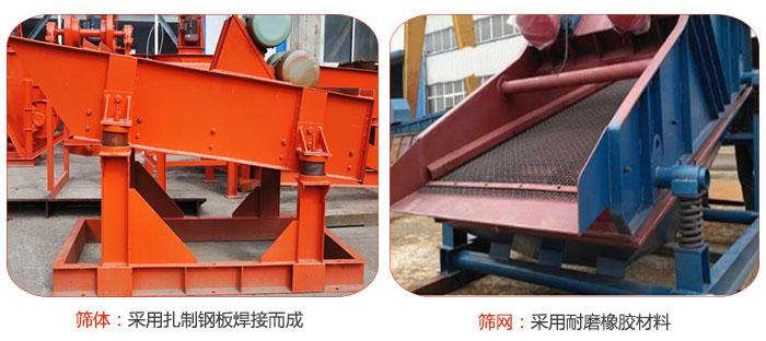 礦用振動(dòng)篩特點(diǎn)：篩體采用扎制鋼板焊接而成，篩網(wǎng)采用耐磨橡膠材質(zhì)