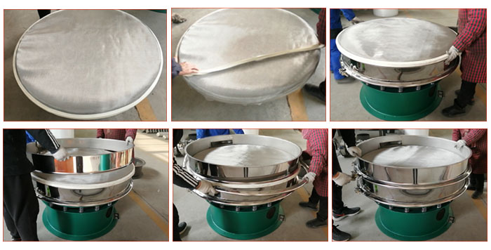 食品振動(dòng)篩網(wǎng)安裝步驟3，將密封圈安裝到網(wǎng)架周圍，將篩框放到網(wǎng)架上，并利用束環(huán)將上下兩層篩框固定在一起。