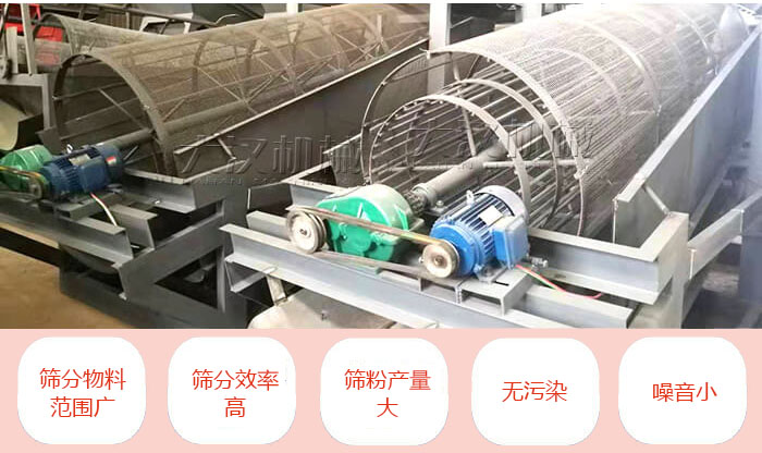 滾筒篩分機主要特點：篩分物料范圍廣，篩分效率高，篩分產(chǎn)量大，無污染，噪音小。