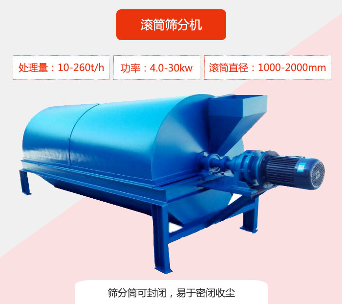 滾筒篩分機：處理能力：10-260t/h  功率：4.0-30kw 滾筒直徑：1000-2000mm 篩分筒可封閉，易于密閉收塵
