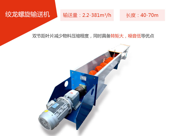 絞龍螺旋輸送機(jī)輸送量：2.2-381m3/h 長(zhǎng)度：40-70m 雙節(jié)距葉片減少物料壓縮程度，同時(shí)具備轉(zhuǎn)矩大，噪音低等優(yōu)點(diǎn)。