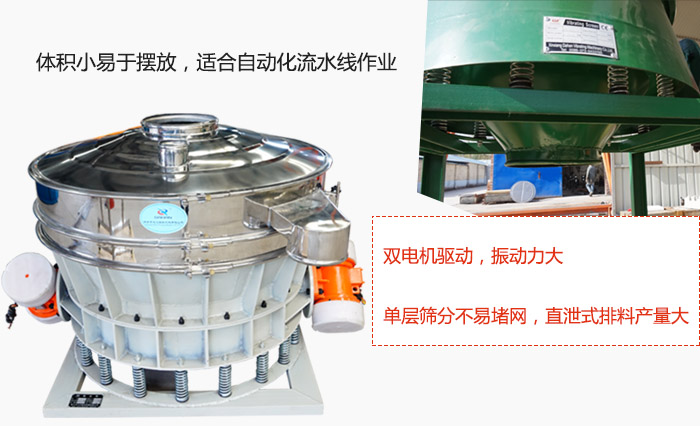 雙電機驅(qū)動，振動力大，單層篩分不易堵網(wǎng)，直泄式排料產(chǎn)量大