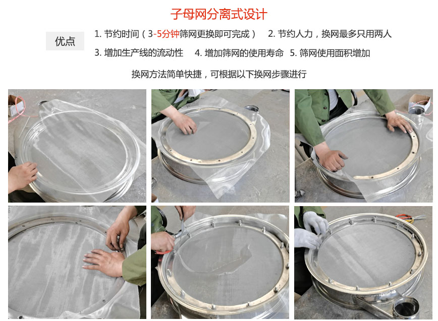大漢振動(dòng)機(jī)械換網(wǎng)優(yōu)勢(shì)：1，節(jié)省時(shí)間（3-5分鐘篩網(wǎng)更換即可完成）2，節(jié)省人力，換網(wǎng)只有兩人。3.增加生產(chǎn)線的流暢性。4.增加篩網(wǎng)壽命，彈跳球不直接撞擊子網(wǎng)。5.篩網(wǎng)使用面積增加。