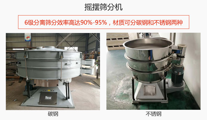 搖擺篩分機(jī)6級(jí)分離篩分效率高達(dá)90%-95%，材質(zhì)可分碳鋼和不銹鋼兩種。