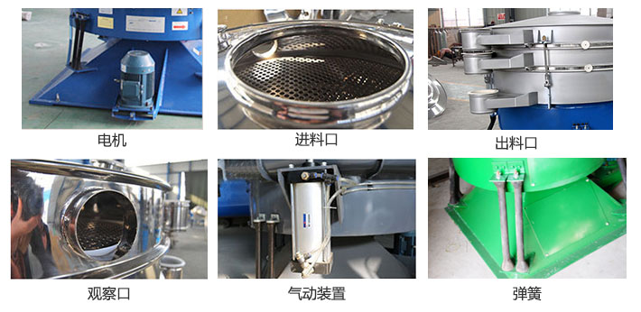 搖擺篩分機(jī)由進(jìn)料口，出料口，觀察口，電機(jī)，彈簧，氣動(dòng)裝置等部件組成
