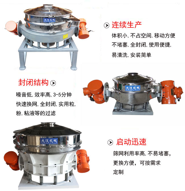 直徑1000mm直排篩特點(diǎn)：連續(xù)生產(chǎn)：體積小，不占空間，移動(dòng)方便，不堵塞，全封閉，使用便捷，易清洗，安裝簡單。封閉結(jié)構(gòu)：噪音低，效率高，3-5分鐘，快速換網(wǎng)，全封閉，實(shí)用粒，粉粘液等的過濾。啟動(dòng)迅速：篩網(wǎng)利用率高，不易堵塞，更換方便，可按需求定制。