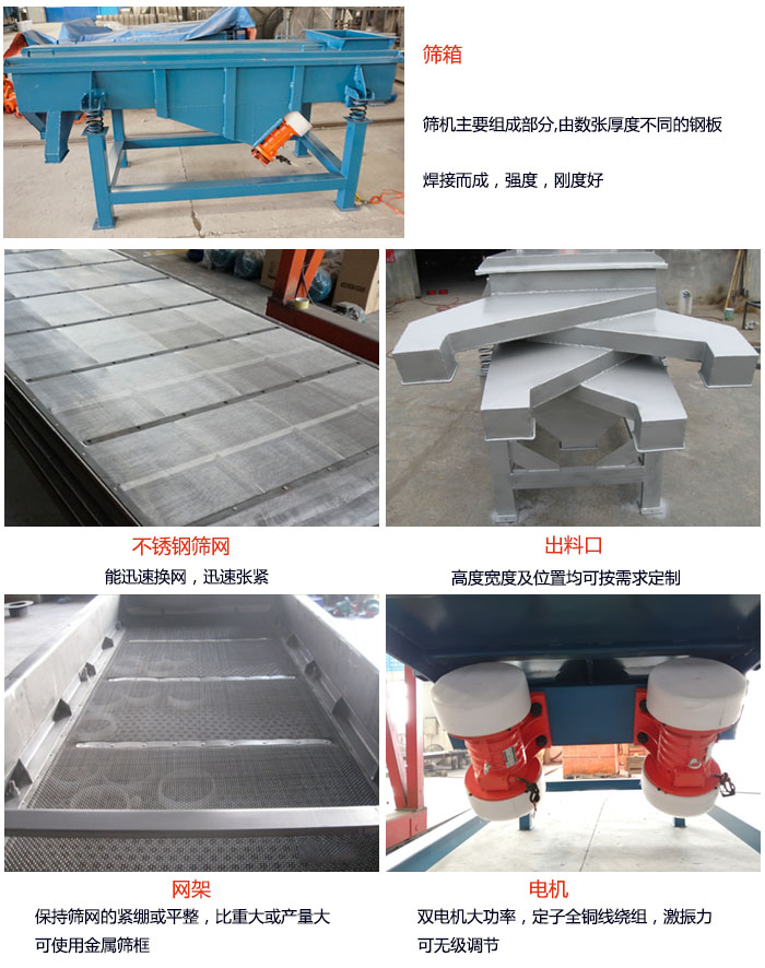 520型直線(xiàn)振動(dòng)篩結(jié)構(gòu)：篩箱：篩機(jī)主要組成部分，由數(shù)張厚度不同的鋼板焊制而成，強(qiáng)度，剛度好。不銹鋼篩網(wǎng)：能迅速換網(wǎng)，迅速?gòu)埦o。電機(jī)：雙電機(jī)大功率，定子全銅線(xiàn)繞組，激振力可無(wú)極調(diào)節(jié)。網(wǎng)架：保持篩網(wǎng)的緊繃和平整，比重大或產(chǎn)量大時(shí)可使用金屬篩框。出料口：高度寬度及位置均可按照用戶(hù)的要求來(lái)定制。