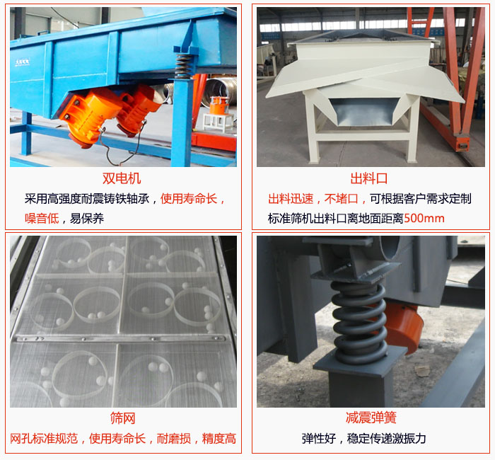 1030直線振動(dòng)篩雙電機(jī)采用高強(qiáng)度耐震鑄鐵軸承使用壽命長(zhǎng)、噪音低，易保養(yǎng)；出料口排料迅速，不堵口，可根據(jù)客戶(hù)需求定制，標(biāo)準(zhǔn)機(jī)器出料口離地面距離500mm;篩網(wǎng)網(wǎng)孔標(biāo)準(zhǔn)規(guī)范、使用壽命長(zhǎng)，耐磨損、精度高；減震彈簧：彈性好，穩(wěn)定傳遞激振力。