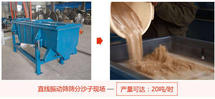 直線振動(dòng)篩篩分沙子現(xiàn)場展示，產(chǎn)量高達(dá)20噸每小時(shí)。