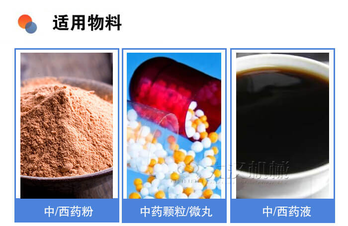 醫(yī)藥振動(dòng)篩適用物料：中/西藥粉，中藥顆粒/微丸，中/西藥液。
