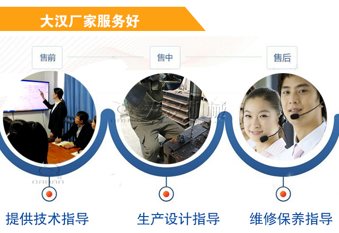 大漢廠家服務(wù)流程：售前-售中-售后：提供技術(shù)指導(dǎo)，生產(chǎn)設(shè)計(jì)指導(dǎo)，維修保養(yǎng)指導(dǎo)。