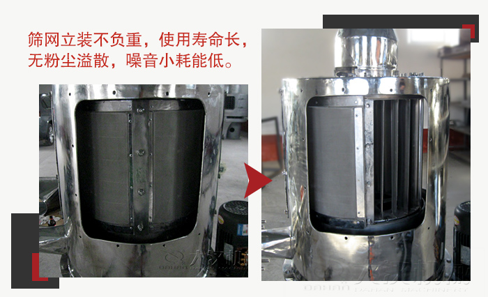 氣流篩采用立式篩網(wǎng)，不受物料的沖擊力的影響，篩網(wǎng)使用壽命長