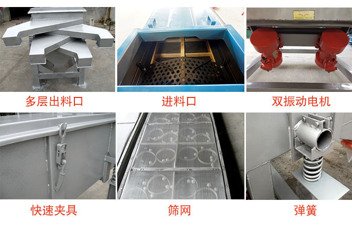 多層直線振動(dòng)篩出料口，篩網(wǎng)，彈簧，快速夾具，振動(dòng)電機(jī)等
