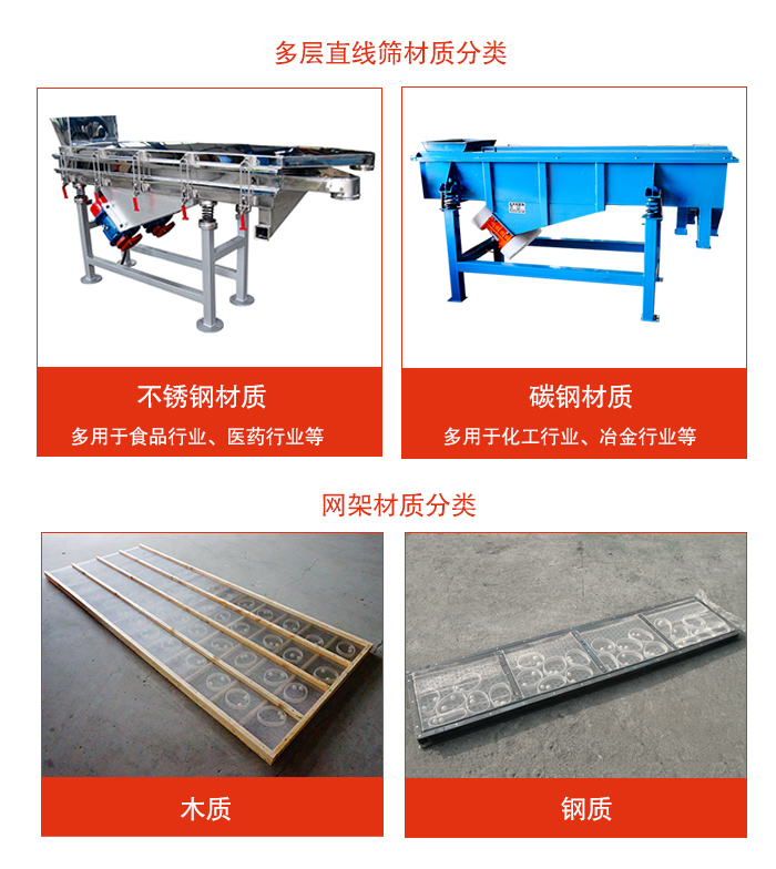 多層直線振動(dòng)篩材質(zhì)有：不銹鋼，碳鋼；網(wǎng)架材質(zhì)有木質(zhì)，鋼質(zhì)等。