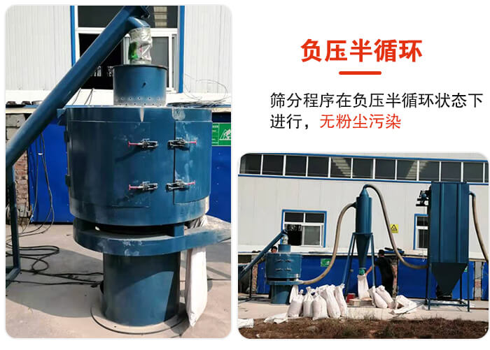 氣流篩負壓半循環(huán)，篩分程序在負壓版循環(huán)狀態(tài)下進行，無粉塵污染。
