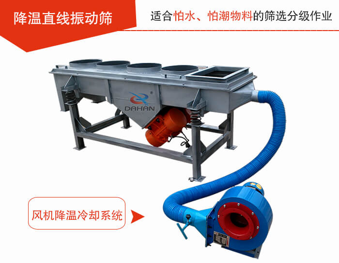 降溫直線振動篩加裝風機或水箱降溫方式完成物料的降溫需求。