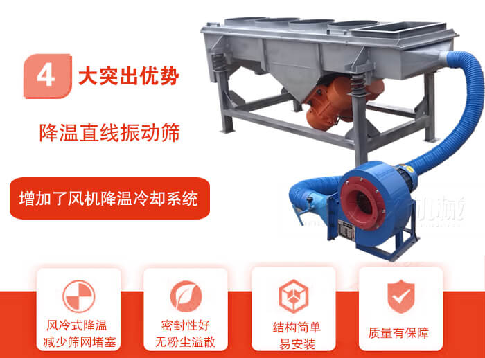 降溫直線振動篩性能特點：1，技術(shù)成熟，質(zhì)量可靠，篩分精度高，處理量大。2，風冷式降溫系統(tǒng)設計，快速有效降溫。3，適用范圍廣，可應用于各種需要降溫的物料。4，設計精巧合理，結(jié)構(gòu)簡單，易安裝，耗能少，噪音低5，篩網(wǎng)使用壽命長，換網(wǎng)更方便，快捷6，設備整體密封性好，無粉塵溢散。