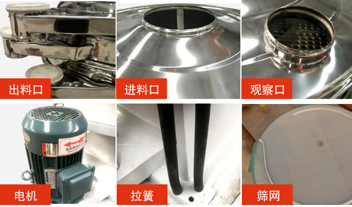 搖擺篩細(xì)節(jié)展示：出料口，進料口，觀察口，電機，拉簧，篩網(wǎng)等。