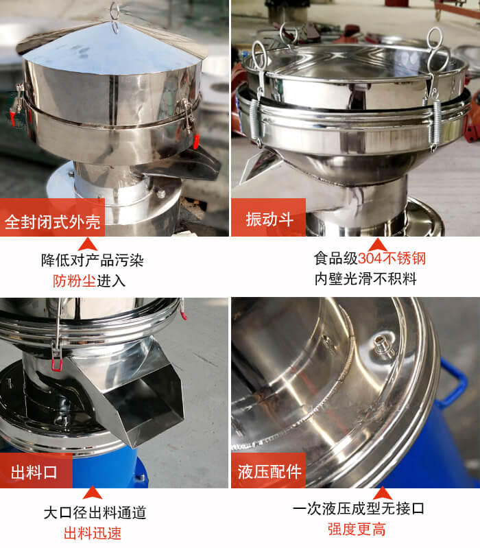 450過濾篩機(jī)結(jié)構(gòu)組成：全封閉式外殼設(shè)計(jì)：對(duì)產(chǎn)品的污染低，防塵粉進(jìn)入電機(jī)內(nèi)部延長(zhǎng)設(shè)備壽命。振動(dòng)斗：食品304不銹鋼篩斗，內(nèi)壁光滑不存在積料現(xiàn)象。出料口，大口徑出料通道，出料迅速，提高工作效率。液壓配件：一次液壓成型無接口強(qiáng)度更高。
