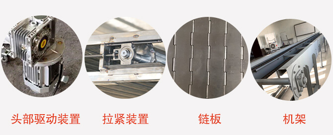 鏈板輸送機(jī)結(jié)構(gòu)：頭部驅(qū)動(dòng)裝置，拉緊裝置，鏈板，機(jī)架等圖片展示