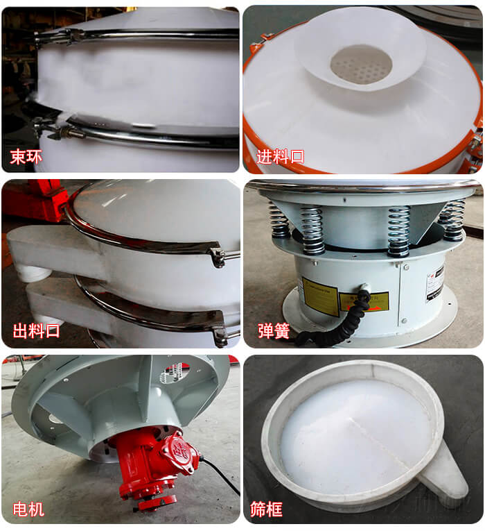 塑料防腐蝕振動篩細(xì)節(jié):進(jìn)料口，框體，網(wǎng)架底框，出料口等。