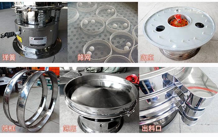 細節(jié)展示：篩框，篩網(wǎng)，振動底座，振動體，出料口。