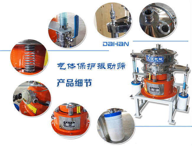 氣體保護(hù)振動(dòng)篩細(xì)節(jié)：振動(dòng)彈簧，手動(dòng)閥門，料罐等。