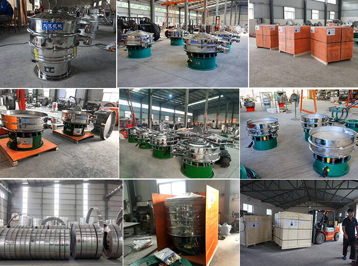 旋振篩備貨圖旋振篩廠家大漢機械備貨現場：全不銹鋼旋振篩包裝完畢，碳鋼旋振篩批量展示，不銹鋼底框批量展示，碳鋼旋振篩底框批量展示。